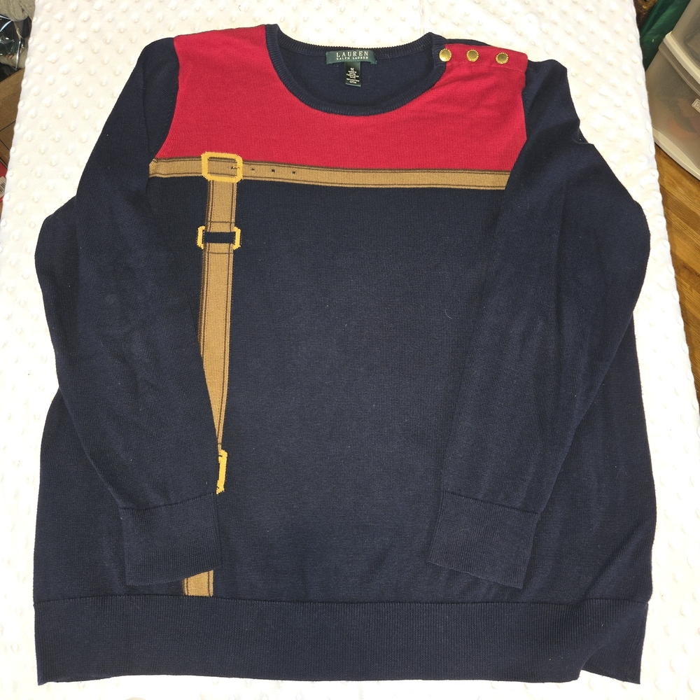 Lauren Ralph Lauren Women's Merino Wool Buckle Sweater in Red, Navy, and Gold